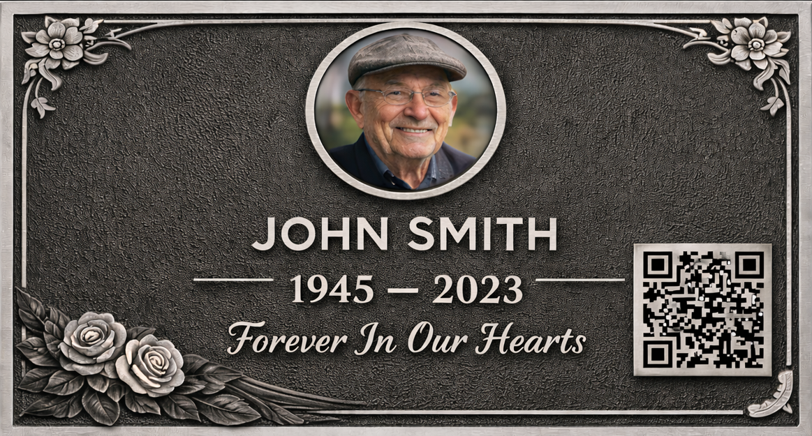 Example personalized memorial plaque with a portrait, floral border, name and dates, and QR code